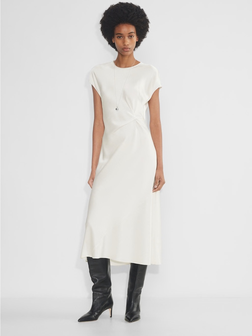 Aritzia Wilfred Nicolette Satin Cream Twist-Waist Midi Dress Sz M